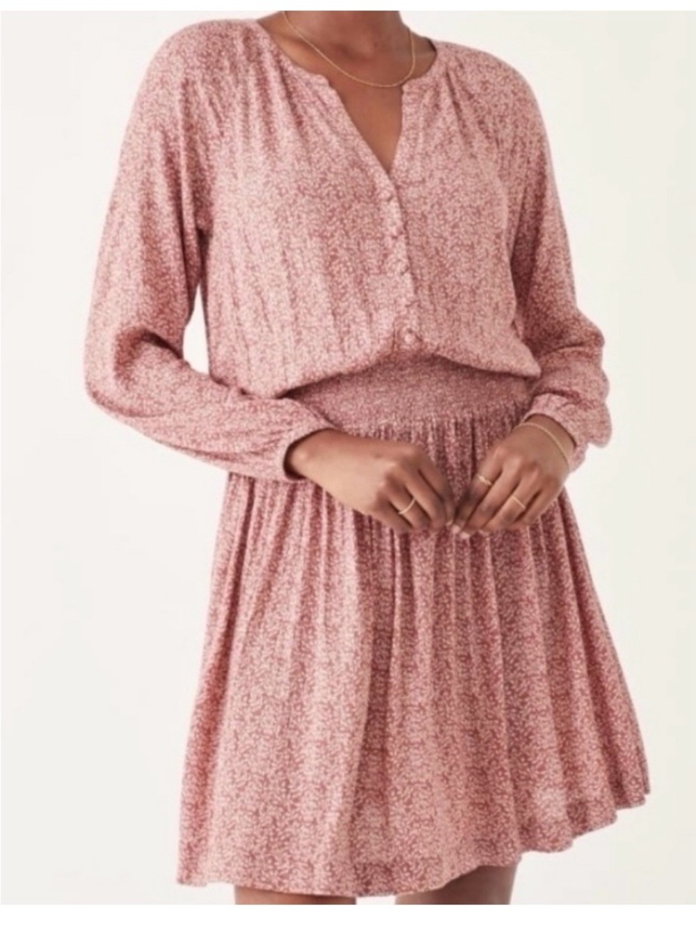 Faherty Rose-Pink Long Sleeve Smocked Waist Dress